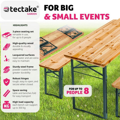 tectake Wooden picnic table & bench - 2 benches 1 table - bench table dining table and bench set - brown