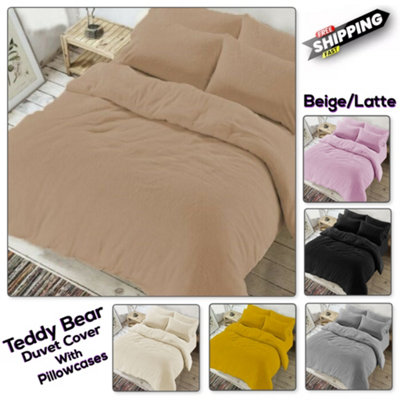 Teddy Bear Fleece Duvet Quilt Cover with Pillowcases Soft Warm Cosy Bedding Set (Beig/Latte)