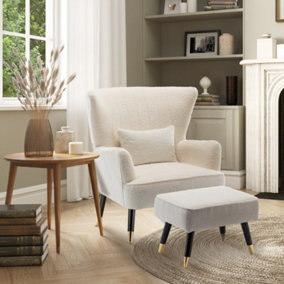 Teddy Boucle Fabric White Camila Accent Chair with Footstool