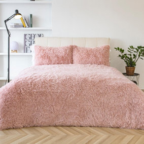 Teddy Duvet Cover Set Bedding Soft Fleece Faux Fur Shaggy, Blush - Double