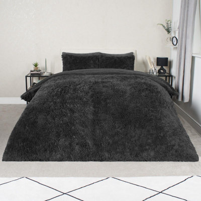 Teddy Duvet Cover Set Bedding Soft Fleece Faux Fur Shaggy, Charcoal - Double