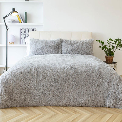 Teddy Duvet Cover Set Bedding Soft Fleece Faux Fur Shaggy Silver Single DIY at B Q