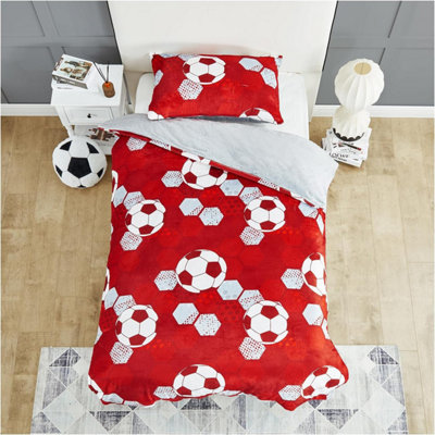TEDDY DUVET SET FOOTBALL RED KIDS SINGLE RED/GREY