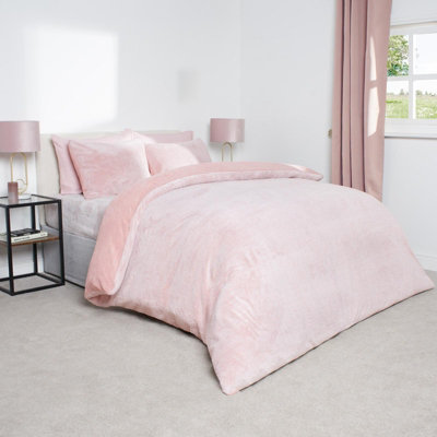 Teddy Fleece Duvet Cover Bedding Set Marl Pillowcase, Blush - Double