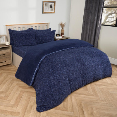 Teddy Fleece Duvet Cover Bedding Set Marl Pillowcase, Dark Blue - Double