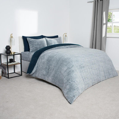 Teddy Fleece Duvet Cover Bedding Set Marl Pillowcase, Navy - Double