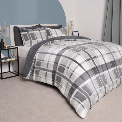 Teddy Fleece Duvet Cover Set Pillowcase Bedding Check, Charcoal - King