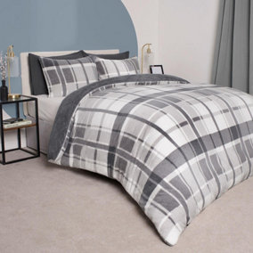 Teddy Fleece Duvet Cover Set Pillowcase Bedding Check, Charcoal - Single