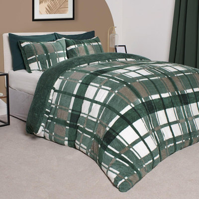 Teddy Fleece Duvet Cover Set Pillowcase Bedding Check, Forest Green - Single