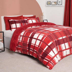 Teddy Fleece Duvet Cover Set Pillowcase Bedding Check, Red - Single