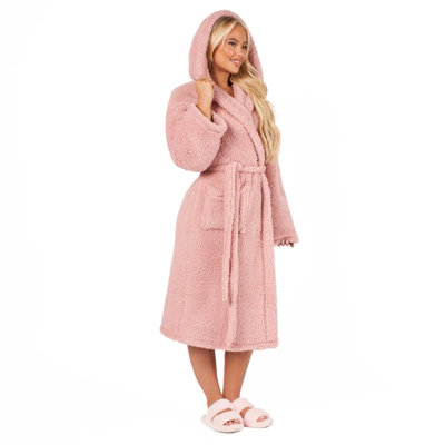 Teddy Fleece Long Dressing Gown Ladies Warm House Coat Hooded, Blush