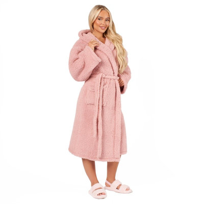 Teddy Fleece Long Dressing Gown Ladies Warm House Coat Hooded Blush