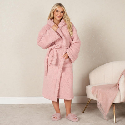 Teddy Fleece Long Dressing Gown Warm House Coat Hooded - 3