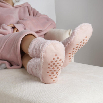Teddy Fleece Womens Bed Socks Fluffy Pair Sherpa Non Slip Sole Blush Pink
