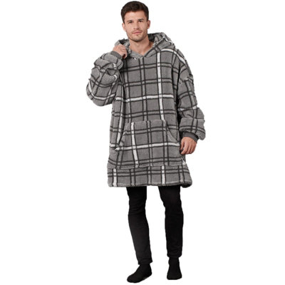 Teddy Hoodie Blanket Check Fleece Oversized Warm Soft Sweatshirt - Charcoal