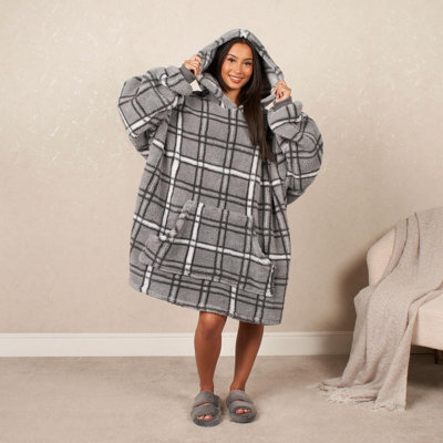 Teddy Hoodie Blanket Check Fleece Oversized Warm Soft Sweatshirt - Charcoal - 3