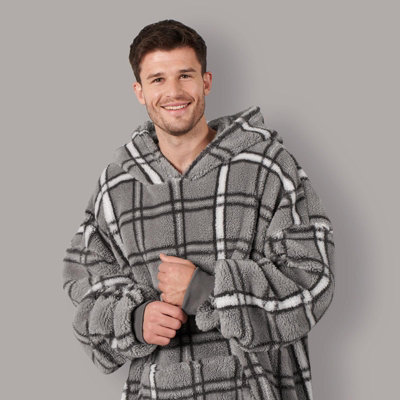 Teddy Hoodie Blanket Check Fleece Oversized Warm Soft Sweatshirt - Charcoal - 4