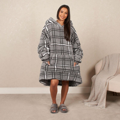 Teddy Hoodie Blanket Check Fleece Oversized Warm Soft Sweatshirt - Charcoal - 5