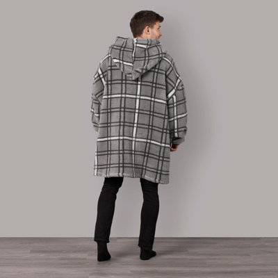 Teddy Hoodie Blanket Check Fleece Oversized Warm Soft Sweatshirt - Charcoal - 6