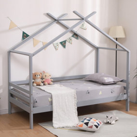 TEDDY KIDS CHILDRENS WOODEN HOUSE TREEHOUSE SINGLE BED FRAME (Grey)
