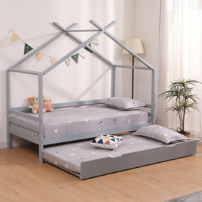 TEDDY KIDS CHILDRENS WOODEN HOUSE TREEHOUSE SINGLE BED FRAME WITH GUEST TRUNDLE BED (Grey)
