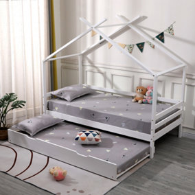 TEDDY KIDS CHILDRENS WOODEN HOUSE TREEHOUSE SINGLE BED FRAME WITH GUEST TRUNDLE BED (White)