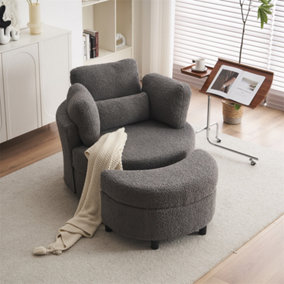 Teddy Swivel Armchair with 3 Back Cushion Pillow Ottoman Crescent Stool, Medium Grey 