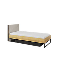 Teen Flex 16 Single Bed in Oak Hickory, Silk Flou & Raw Steel - EU Single 900mm x 2000mm - Stylish Storage Bed with LED Lighting