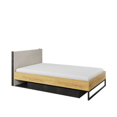 Teen Flex TF-17 Single Bed in Oak Hickory, Silk Flou & Raw Steel - EU Small Double 1200mm x 2000mm - Elegantly Lit Storage Bed