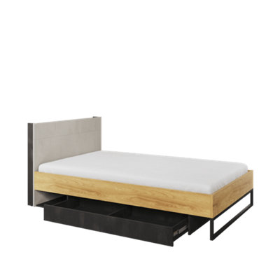 Teen Flex TF-17 Single Bed in Oak Hickory, Silk Flou & Raw Steel - EU Small Double 1200mm x 2000mm - Elegantly Lit Storage Bed