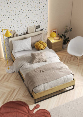 Teen Flex TF-17 Single Bed in Oak Hickory, Silk Flou & Raw Steel - EU Small Double 1200mm x 2000mm - Elegantly Lit Storage Bed