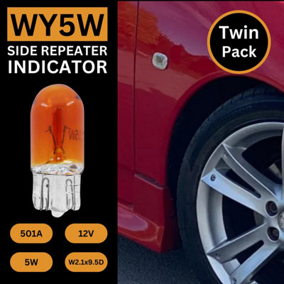 Tek Automotive 501 Bulb WY5W Amber Car Bulbs Side Indicator Repeater Light 501A 12V 5W W2.1x9.5D Capless - Twin Pack