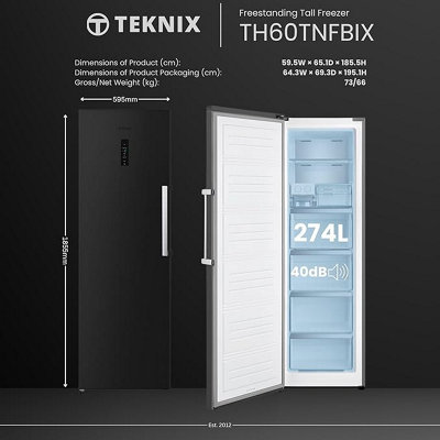 Teknix TH60TNFBIX - Black Steel 274L Tall Freezer - Garage Safe