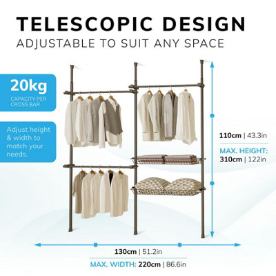 Telescopic Wardrobe Organiser Double Black Rail Clothes Rack Baskets Storage