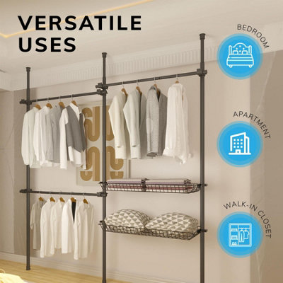 Telescopic Wardrobe Organiser Double Black Rail Clothes Rack Baskets Storage - 3