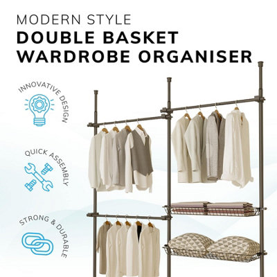 Telescopic Wardrobe Organiser Double Black Rail Clothes Rack Baskets Storage - 4
