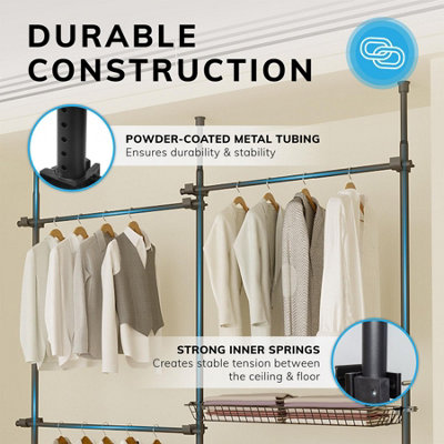 Telescopic Wardrobe Organiser Double Black Rail Clothes Rack Baskets Storage - 5