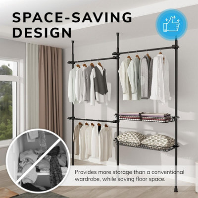Telescopic Wardrobe Organiser Double Black Rail Clothes Rack Baskets Storage - 6