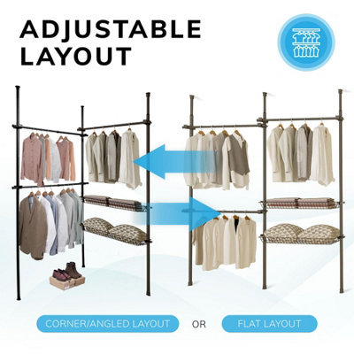 Telescopic Wardrobe Organiser Double Black Rail Clothes Rack Baskets Storage - 7