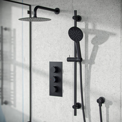 Temel 3 Dial 2 Way Concealed Thermostatic Shower Valve, Shower Head & Arm Set Matte Black Price Comparisons | Compare The Build