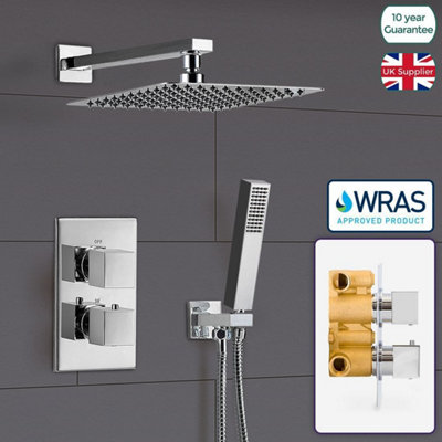 TEMEL THERMOSTATIC CONCEALED SHOWER MIXER BATHROOM SQUARE SLIM CHROME HEAD SET