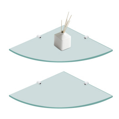 Tempered Glass Corner Bathroom Shelves with Silver Shelf Brackets (L