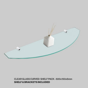 Tempered Glass Curved Bathroom Shelf with Silver Shelf Brackets (L)600mm (D)150mm (H)6mm