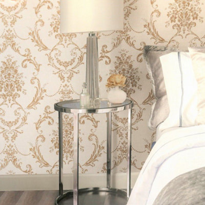 Tempus Linen Gold & Beige Luxury Large Damask Metallic Wallpaper FD25039