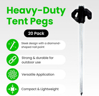 Tent Pegs - 20 Pack Tent Pegs Metal Heavy Duty, Camping Pegs and Awning Pegs for Outdoor - Black Galvanised Tent Pegs for Hard Gro