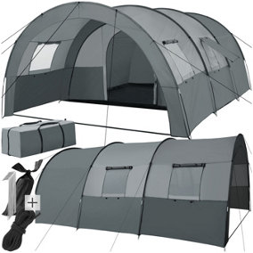 Tent Roskilde - for 6 people, with awning, groundsheet, 4 windows with mosquito nets - light grey/dark grey