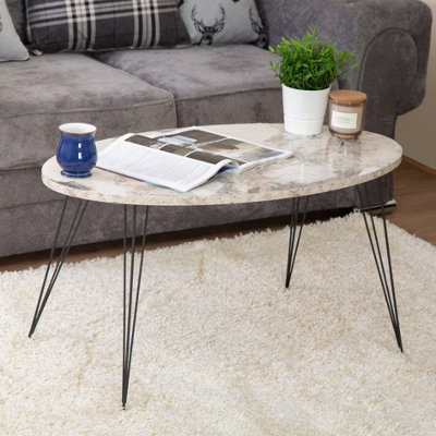 Terek Oval White Marble Coffee Table With Hairpin Legs