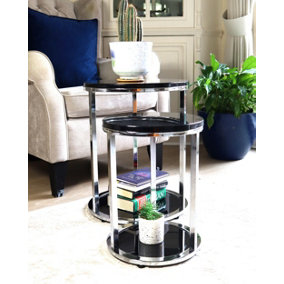 Terni Set Of 2 Tables, Glossy Black Wooden Tops and Glass Base