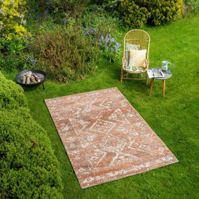 Terracotta Bordered Geometric All-Weather Indoor Outdoor Textured Flatweave Rug 120x170cm