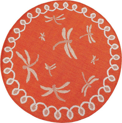 Terracotta Dragonfly Garden Patio Rug - Weatherproof, Mould & Mildew Resistant Indoor Outdoor Mat - Round 160cm Diameter